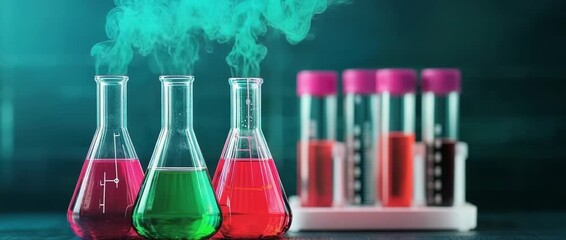 Colorful Chemical Liquids in Erlenmeyer Flasks and Test Tubes Science Experiment Concept