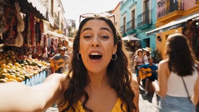 A vibrant selfie-style video captures a cheerful young woman smiling and shielding her eyes from the sun amidst a lively outdoor market. She explores a bustling street lined with colorful historic bui