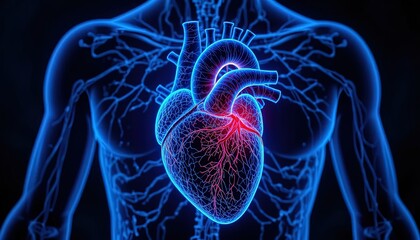 Illuminated human torso highlights the circulatory system and a glowing heart organ