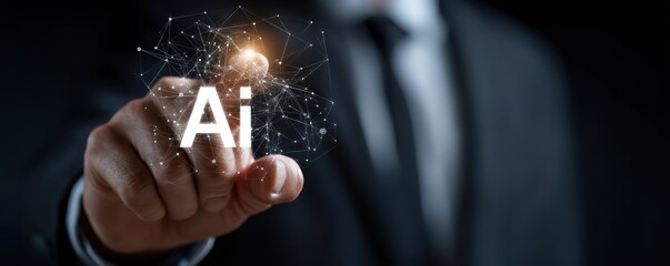 Businessman interacts with an artificial intelligence hologram, signaling digital transformation and futuristic technology