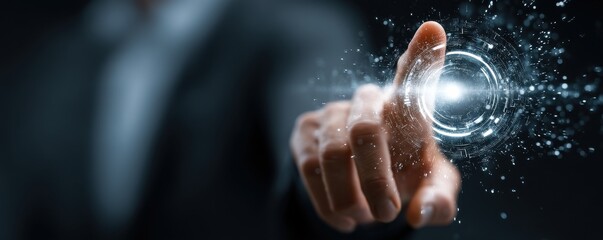 Businessman in a suit interacts with a futuristic holographic screen and digital network