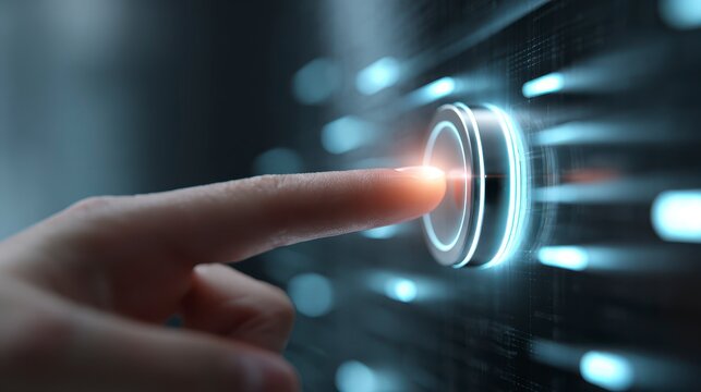 Close-up of a finger pressing a glowing, circular button. The background is blurred with a digital, futuristic aesthetic - Powered by Adobe