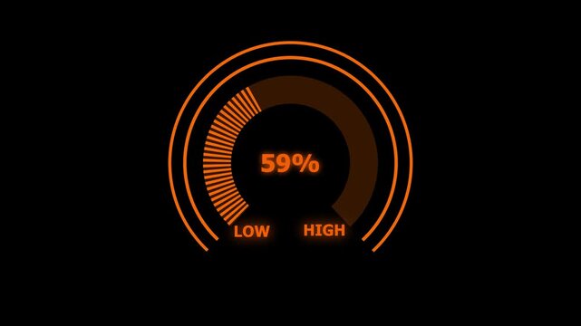 Glowing digital gauges move from high overload to safe low levels, presentation template, moving colorful needle, indicator, warning message, risk assessment icon from 100 to 0. tension indicator icon