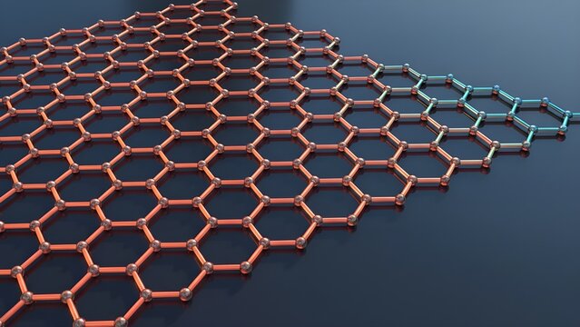 Abstract 3D hexagonal carbon lattice or graphene nanotechnology model with copper to blue gradient