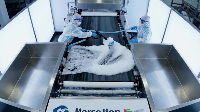 Workers in protective gear applying foam on conveyor belt, showcasing cleaning process with dynamic camera movement and engaging action flow