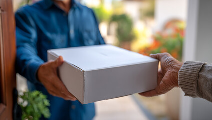 Delivery person in a blue shirt handing over a white cardboard box to a recipient at a doorstep, outdoor setting with blurred background