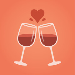 Valentine wine glasses illustration. Two glasses touching at the rim. Liquid splash forming heart shape. Warm gradient background. Romantic celebration moment.