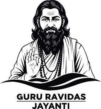 Black and white Guru Ravidas Jayanti vector portrait featuring spiritual leader in blessing pose with bold underlined typography.