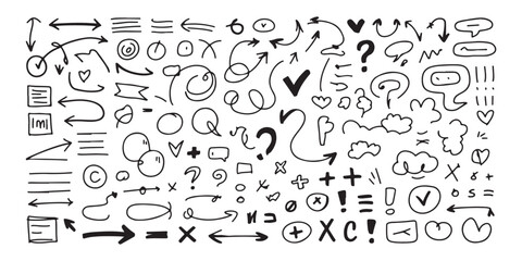 Obraz premium Set of hand drawn doodle arrows checkmarks symbols and speech bubbles isolated on white background various design elements