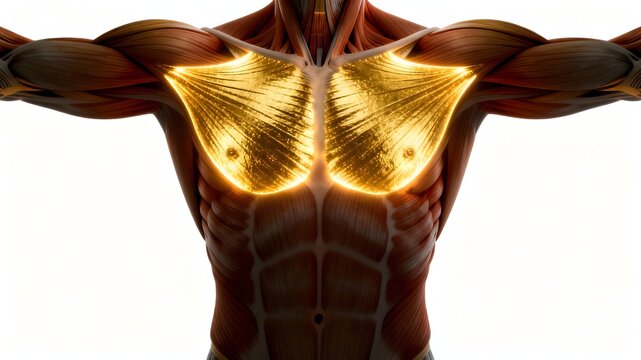 Pectoralis major visualization showing chest muscle for upper body strength and rehabilitation education.