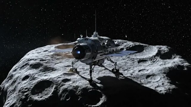 Spacecraft Approaching Asteroid for Sample Collection in Deep Space.