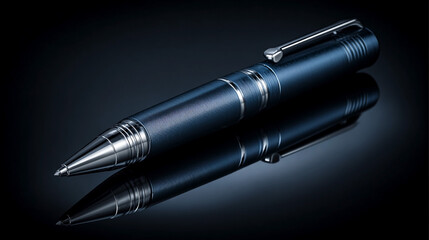 Elegant black pen with metallic accents resting on a reflective surface, showcasing its sleek design and craftsmanship, ideal for professional writing and office use