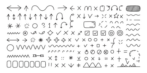 Extensive collection of doodle elements including wavy lines geometric shapes punctuation marks and arrows © Moni