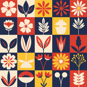 Vibrant floral pattern with diverse flowers and leaves in geometric shapes