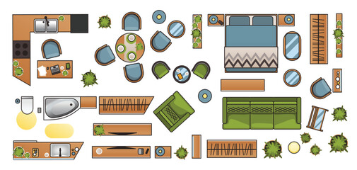 Interior furniture collection top view. Elements for living room, bedroom, kitchen, bathroom. Floor plan, view from above. Furniture store. Icons set of interior. Isolated vector illustration