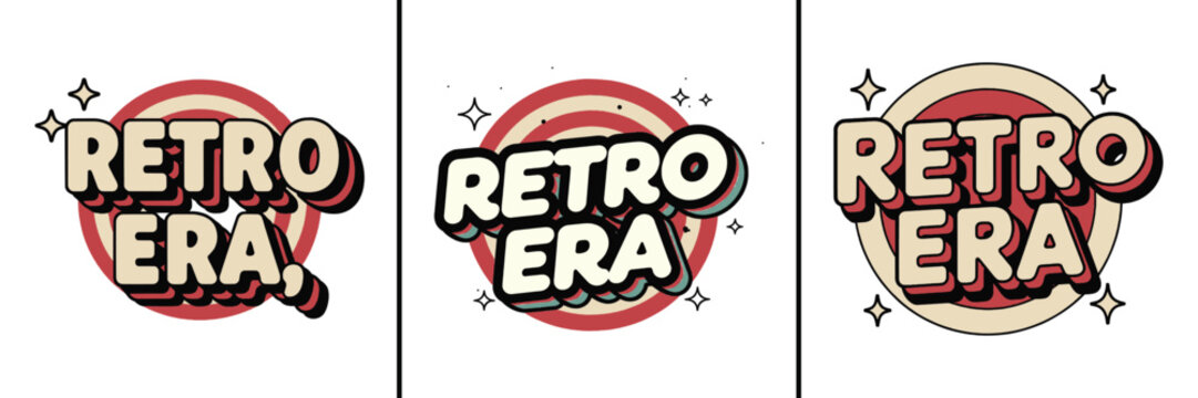 Collection of three distinct vintage inspired "Retro Era" logo designs showcasing varied 3d bubble typography and retro color palettes