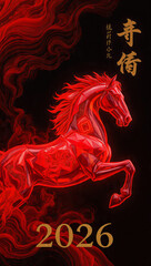 Vector illustration of a wild red mustang stallion with a flowing mane galloping against a black background as a symbolic animal silhouette for the new year