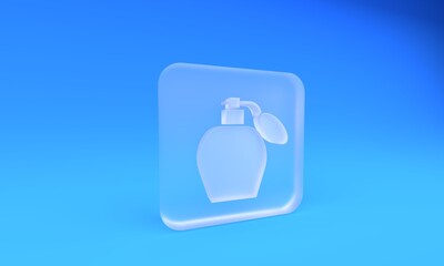 Obraz premium Frosted glass Perfume icon isolated on blue background. Square frosted glass button. 3D render illustration