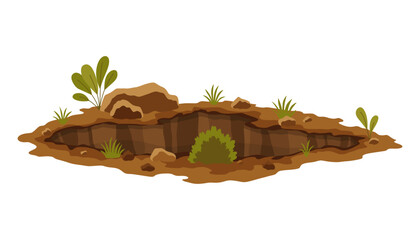 Hole ground. Works digging of sand coal waste rock or gravel. Brown, dry mine element of landscape. Cartoon illustration