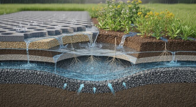 Crosssectional animation revealing layers of permeable pavement rain garden construction showing water infiltration filtration and groundwater replenishment.