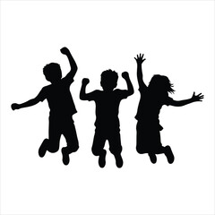 Kids silhouettes vector black and white illustration. Children seated in various poses from side view.