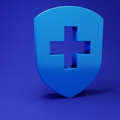 Obraz premium Blue Medical shield with cross icon isolated on blue background. Protection, safety, password security. Minimalism concept. 3D render illustration