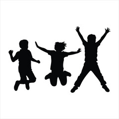 Kids silhouettes vector black and white illustration. Children seated in various poses from side view.