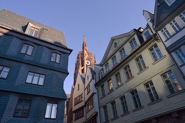 R&ouml;mer district with facades of historic houses at the old town of German city of Frankfurt on an autumn day. Photo taken November 22nd, 2025, Frankfurt am Main, Germany.