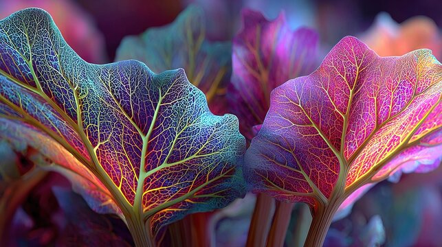 Abstract Colorful Rhubarb Leaf Vein Detail Close-Up Botanical Illustration