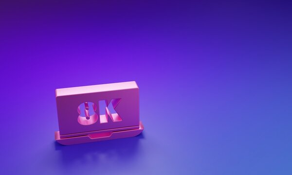 Pink Laptop screen with 8k video technology icon isolated on purple-blue background. Minimalism concept. 3D render illustration