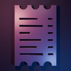 Purple Paper check and financial check icon isolated on purple-blue background. Paper print check, shop receipt or bill. Minimalism concept. 3D render illustration