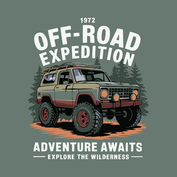 Vintage 1972 off road expedition vehicle illustration ready for rugged wilderness adventure exploration travel