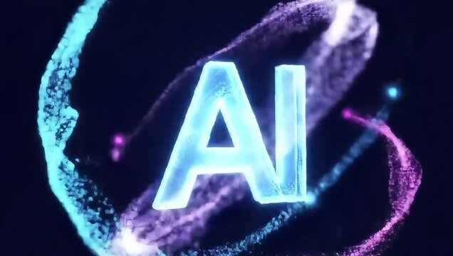 A futuristic video showcasing the concept of artificial intelligence with a neon-lit AI logo