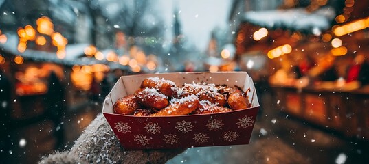 Two hands sharing a freshly cooked, crunchy, golden ring of fries together