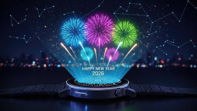 Smartwatch fireworks and constellations for New Year 2026 - Powered by Adobe
