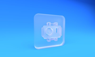Fototapeta premium Frosted glass Photo camera for diver icon isolated on blue background. Foto camera icon. Diving underwater equipment. Square frosted glass button. 3D render illustration