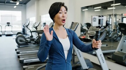 An energetic East Asian woman, dressed in modern athletic wear, confidently records a video in a bright, contemporary fitness center. She holds a smartphone mounted on a handheld stabilizer, actively 