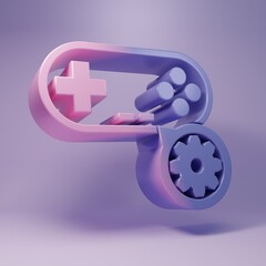 Purple Gamepad and gear icon isolated on purple background. Adjusting app, service concept, setting options, maintenance, repair, fixing. Minimalism concept. 3D render illustration © vector_v