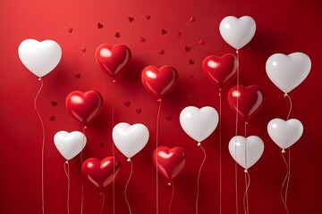 A striking collection of glossy red and pristine white heart shaped balloons float against a textured deep red background adorned with small matching heart confetti for a romantic celebration.