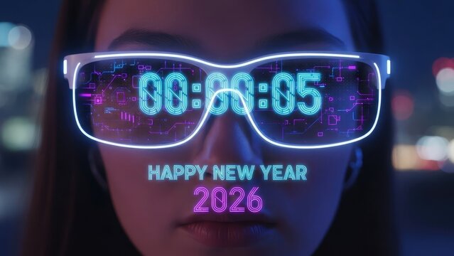Woman wearing futuristic glasses displaying New Year 2026 countdown - Powered by Adobe
