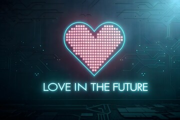 Neon digital heart glowing brightly above the glowing text love in the future set against a dark technological circuit board background symbolizing romance and connection in advanced artificial intell