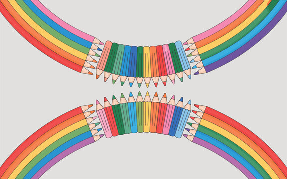 Vibrant rainbow colored pencils arranged in decorative curved patterns for creative school and art projects.
