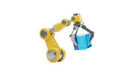 Robotic Arm Grabbing a Blue Cube on White Background