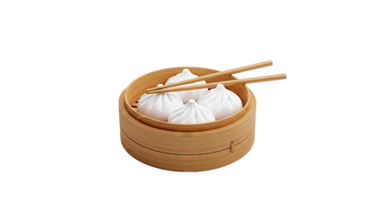 Steamed Dumplings in Bamboo Steamer with Chopsticks
