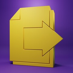 Yellow Next page arrow icon isolated on purple background. Document file with arrow. Send document. Minimalism concept. 3D render illustration