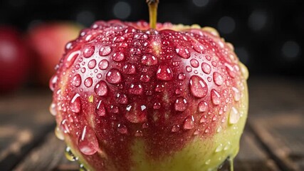 A vibrant red apple glistens with numerous fresh water droplets cascading and clinging to its smooth skin highlighting its crisp and healthy appeal on a rustic wooden surface in a closeup shot. - Powered by Adobe