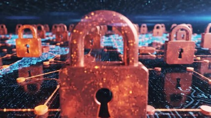 A secure digital landscape with multiple locks and a prominent unlocked padlock in the foreground, symbolizing data protection and cybersecurity measures.