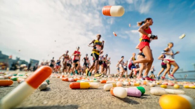 Marathon runners racing along city street past scattered pills and syringes highlighting issue of doping and dangerous performance enhancement in sports