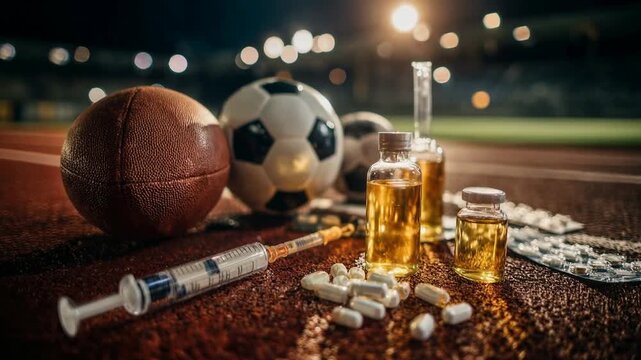Sports equipment with pills syringes and alcohol on wooden surface under stadium lights symbolizing dangerous link between doping substance abuse and professional competition