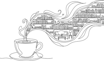 One line drawing of steaming coffee cup with abstract flow of bookshelves and living room interior space © JAWAD